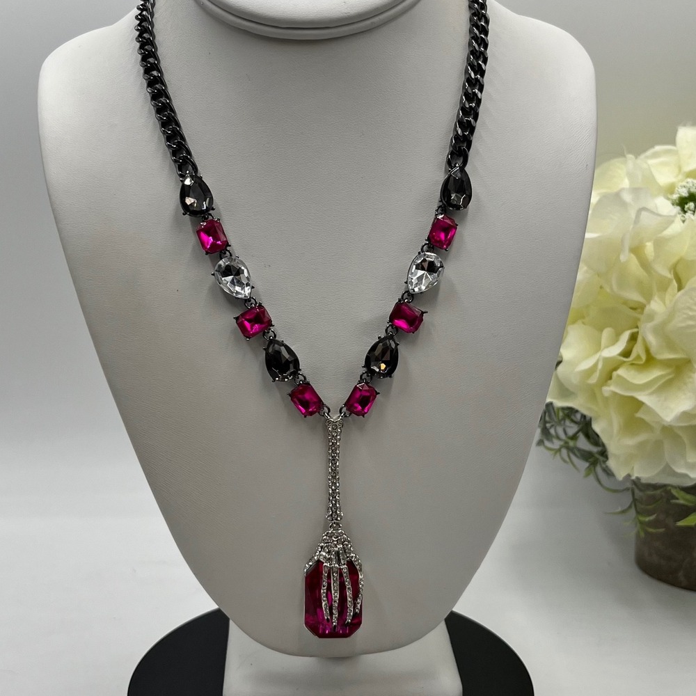 Betsey Johnson‎ "Rich Witch" Skeleton Pave Pink Hand Necklaces Halloween